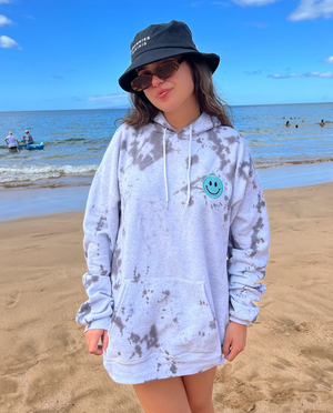 Open image in slideshow, Smokey Grey Smiley Patch Tie Dye Hoodie
