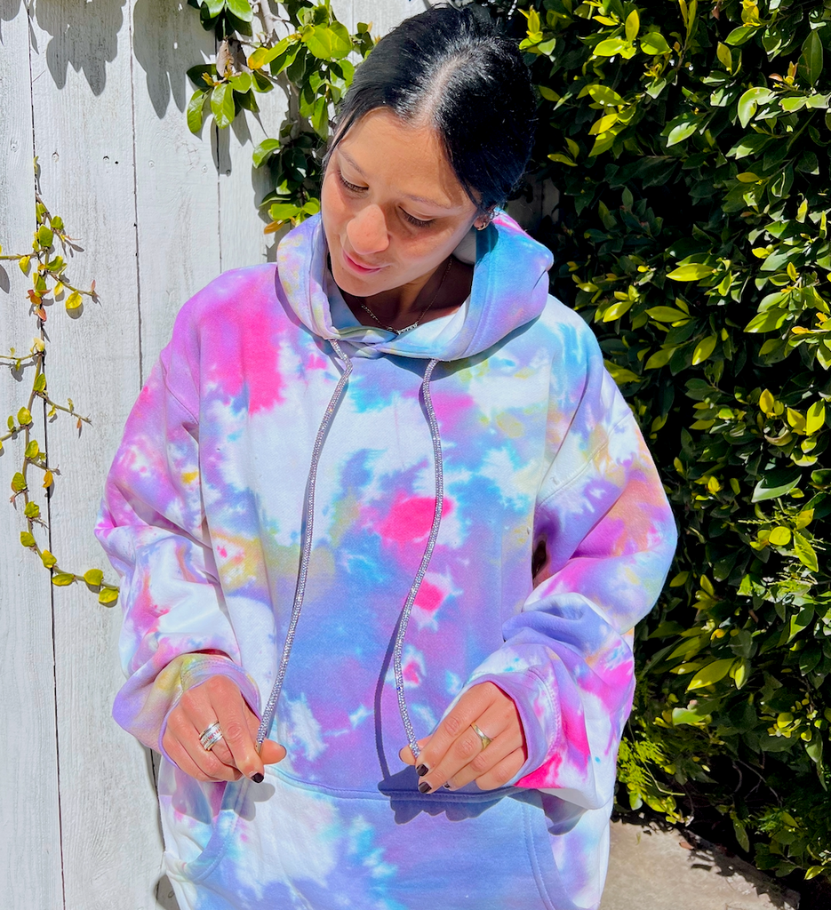 Cotton Candy Embellished Crystal Drawstring Tie Dye Hoodie