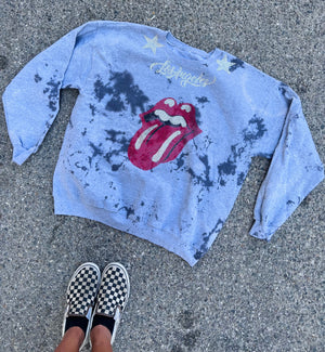 Open image in slideshow, Grey Tie Dye LA Tongue Embellished Crewneck
