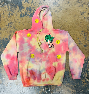 Open image in slideshow, Embellished LA Palm Smiley Crystal Drawstring Tie Dye Hoodie
